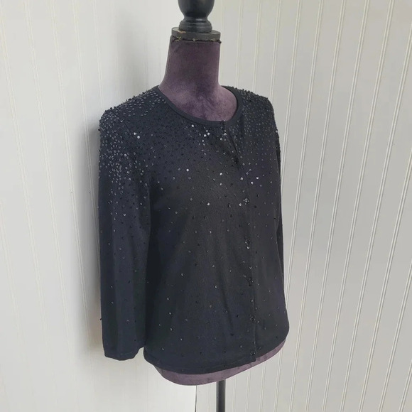 Sigrid Olsen Gorgeous Womens Silk Blend Knit Beaded Snap Cardigan Black Sequin M - Picture 2 of 10